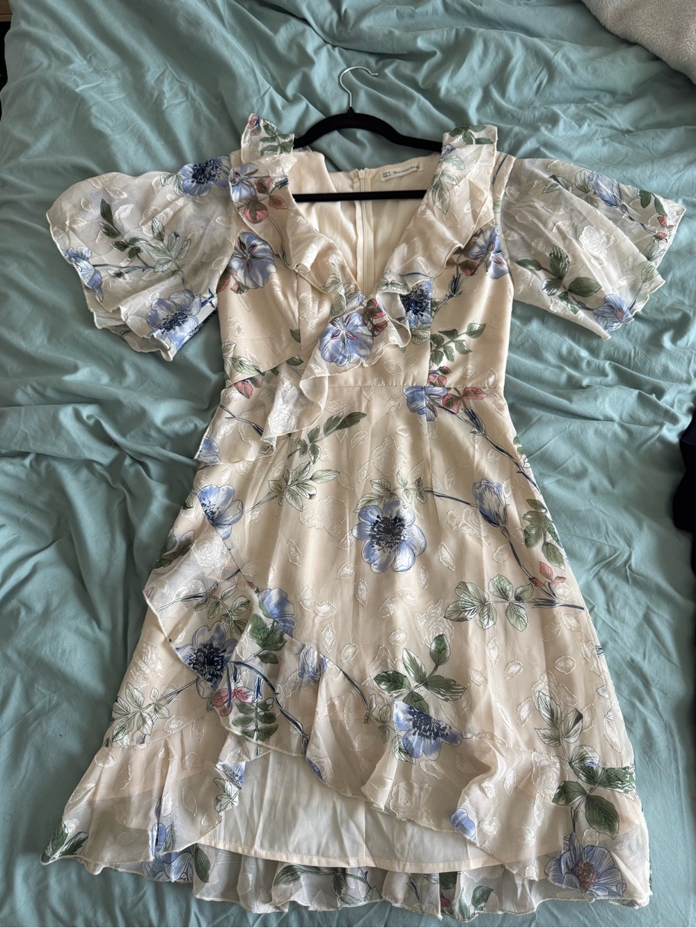 Cream Floral Ruffle V-Neck Mini Dress with Blue Accents